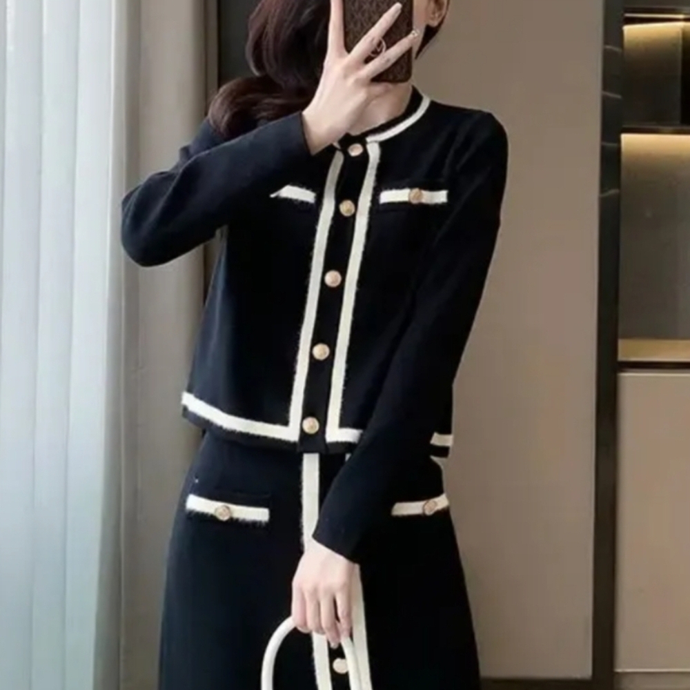 Chic Black and White Buttoned Cardigan Set